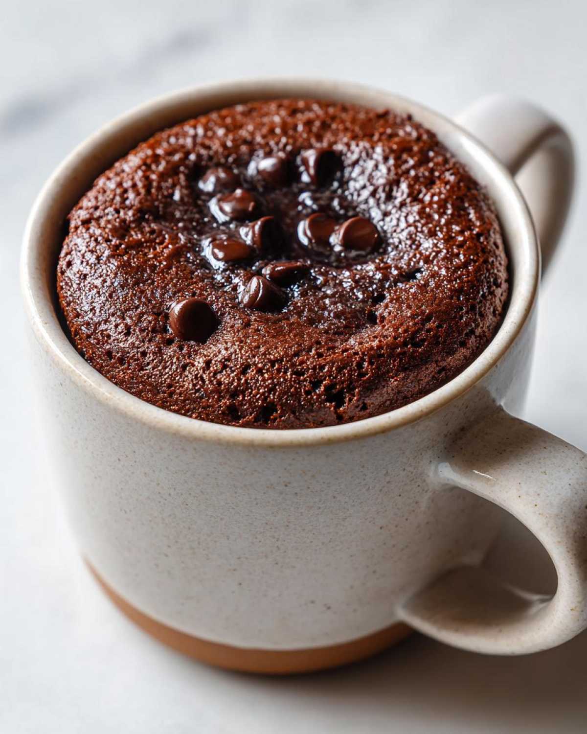 Close-up of a rich, dark chocolate mug cake topped with melted chocolate chips, ready to eat.