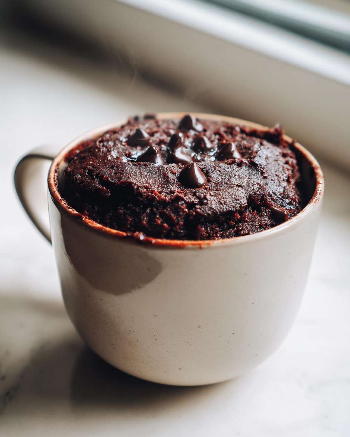 Close-up of a warm, moist chocolate mug cake topped with melted chocolate chips, gently steaming.