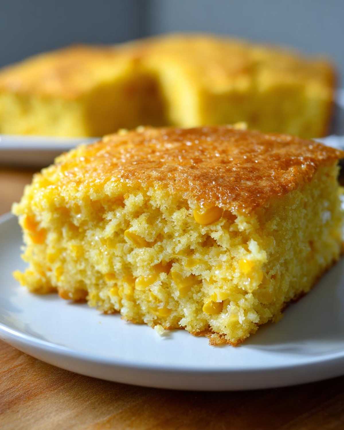 Close-up of a square slice of moist cornbread casserole, studded with whole corn kernels, on a white plate.