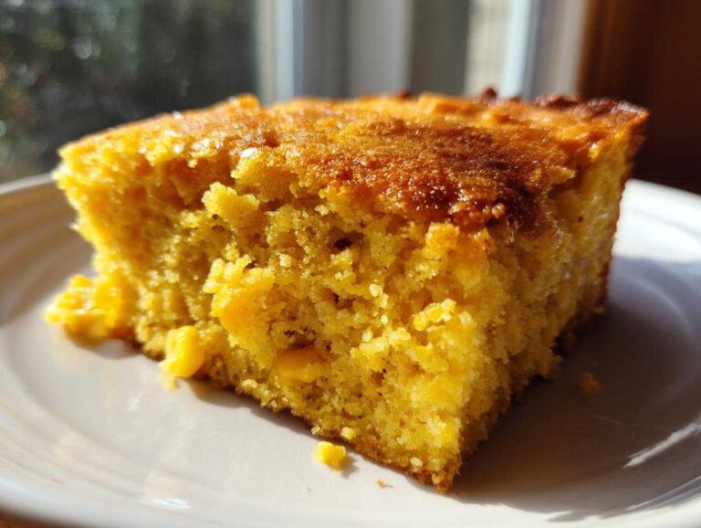 Close-up of a moist, golden slice of cornbread casserole showing corn kernels embedded in the texture.