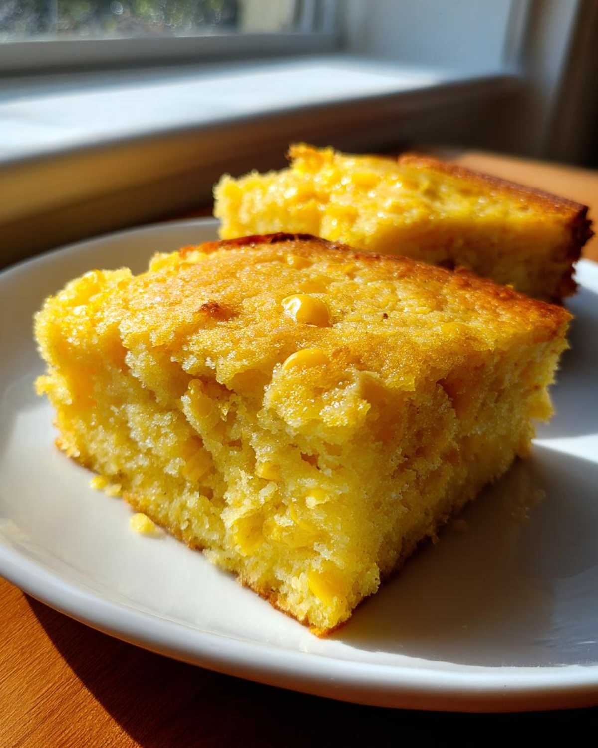 Two golden slices of moist cornbread casserole with visible corn kernels served on a white plate.