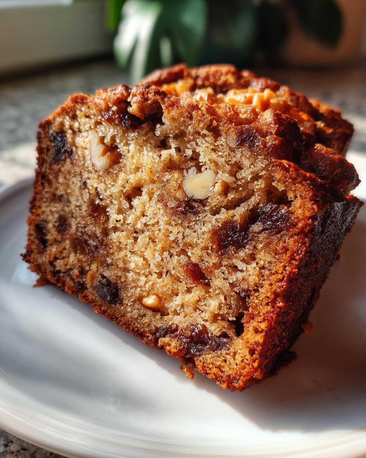 A close-up, sunlit slice of moist date nut bread showing visible dates and walnuts throughout the crumb.
