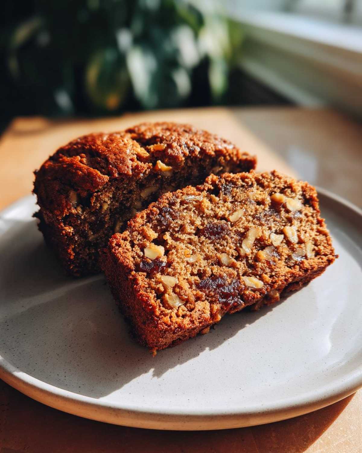 Close-up of a moist slice of date nut bread showing visible nuts and dates, next to the remaining loaf.