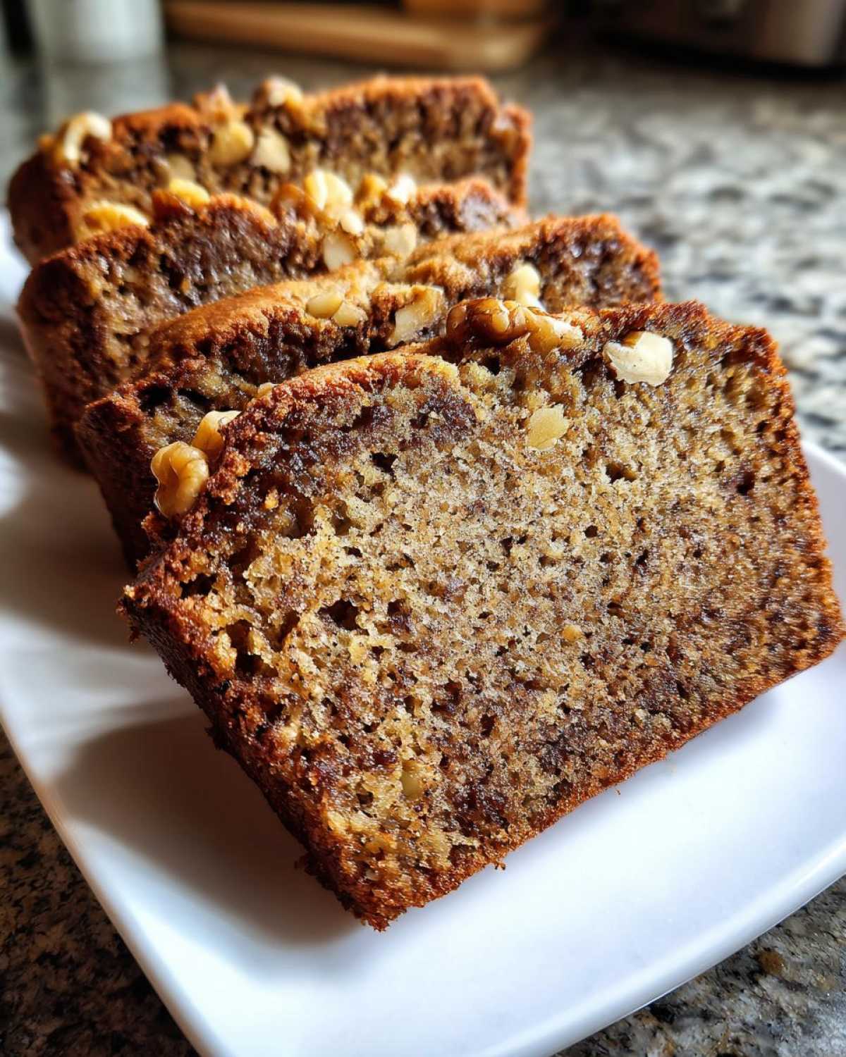Close-up of three moist slices of date nut bread topped with walnuts, served on a white plate.