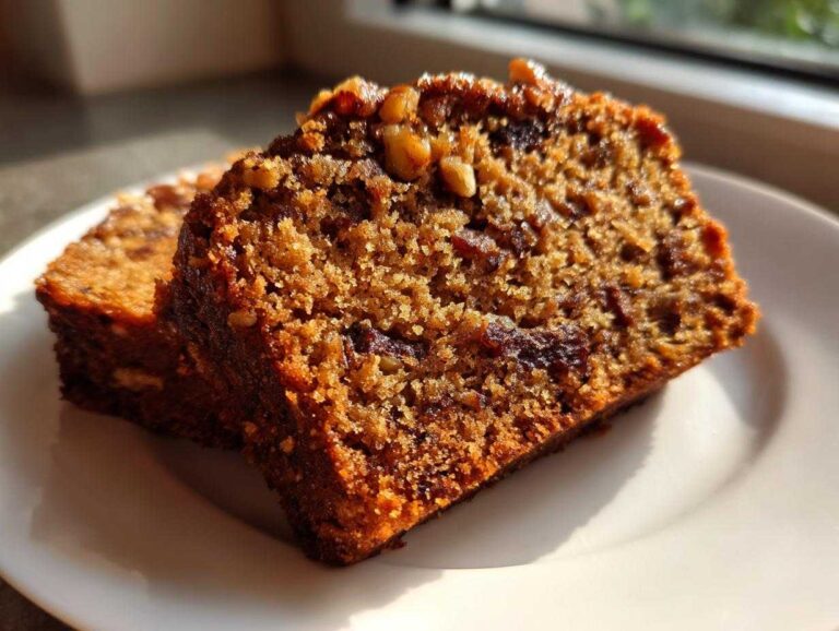 Two moist slices of date nut bread, rich brown in color, topped with walnuts, sitting on a white plate.