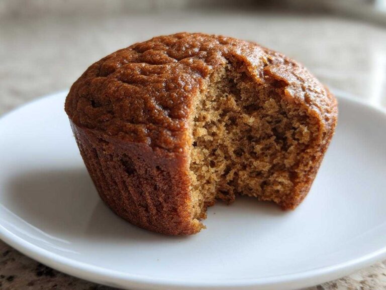 A close-up shot of a single, dark brown honey bran muffin with a bite taken out, revealing its moist texture.