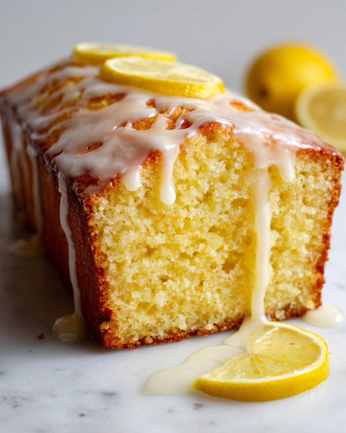 Close-up of a slice of moist lemon pound cake covered in white glaze, garnished with lemon slices.