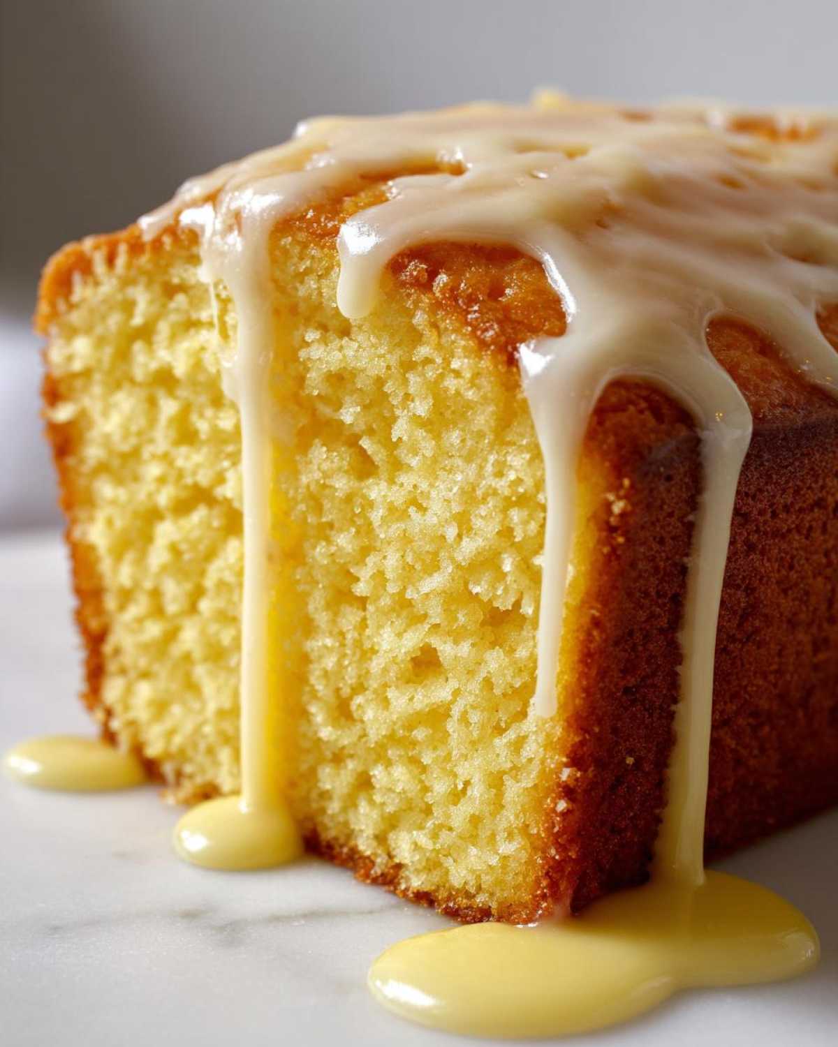 Close-up of a moist slice of lemon pound cake topped with a thick, dripping lemon glaze.