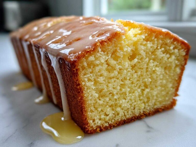 Close-up of a slice of moist lemon pound cake with a thick, dripping lemon glaze on top.