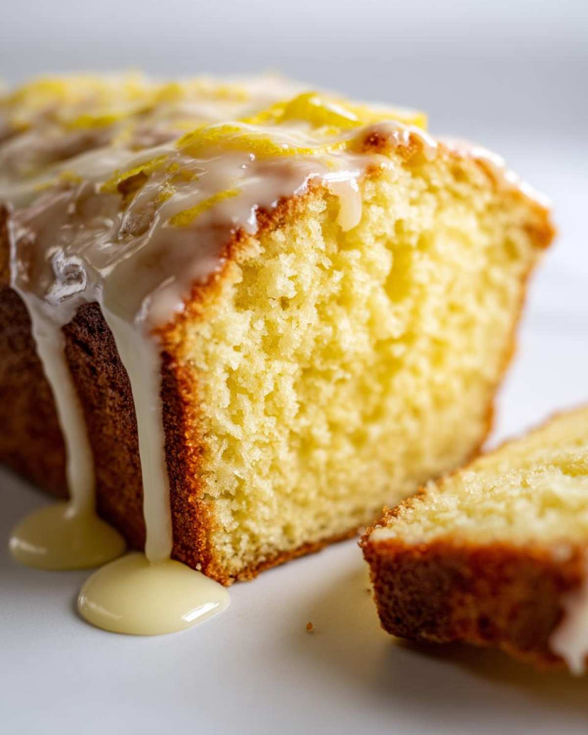 Close-up of a moist lemon pound cake slice showing the crumb, topped with a thick, dripping lemon glaze and zest.
