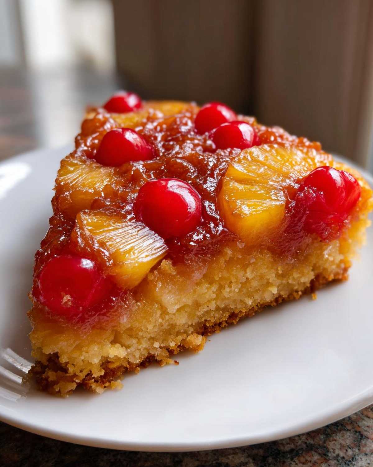 Close-up of a moist slice of pineapple upside down cake topped with caramelized pineapple and bright red cherries.