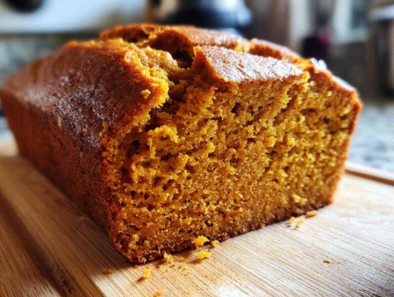Close-up of a freshly baked, moist pumpkin bread loaf showing its rich orange crumb texture.