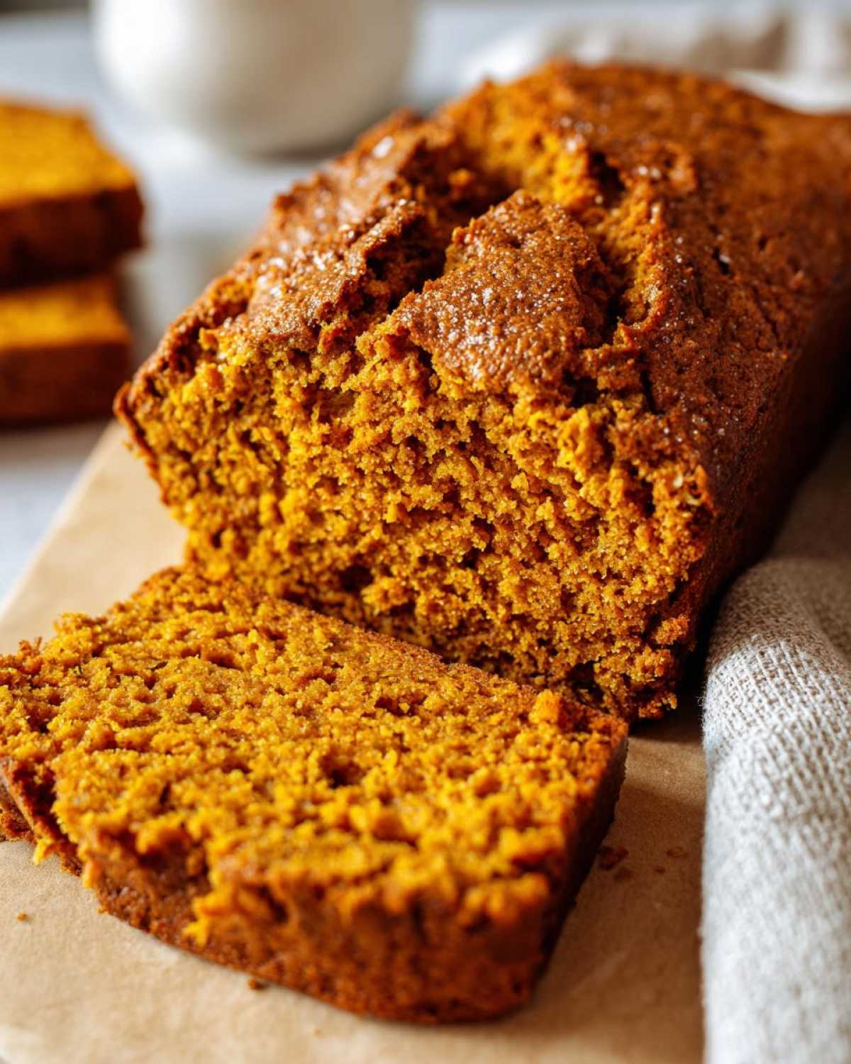 Close-up of moist pumpkin bread loaf, sliced to show the rich orange crumb and sugary top.
