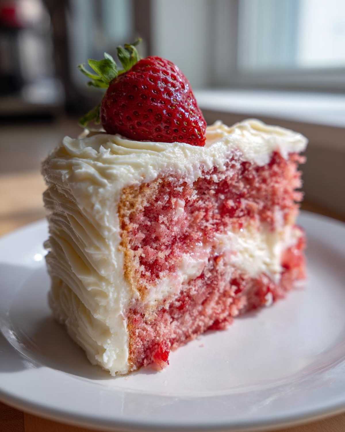 A moist slice of strawberry cake with white frosting, topped with a fresh strawberry.