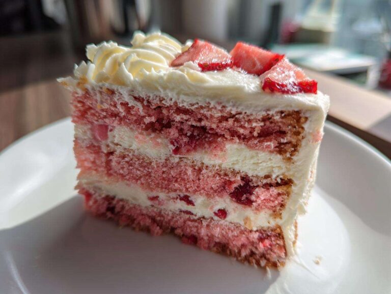 Best Moist 1-Step Strawberry Cake Magic Close-up of a moist slice of strawberry cake with layers of pink cake and white cream, topped with fresh strawberries.