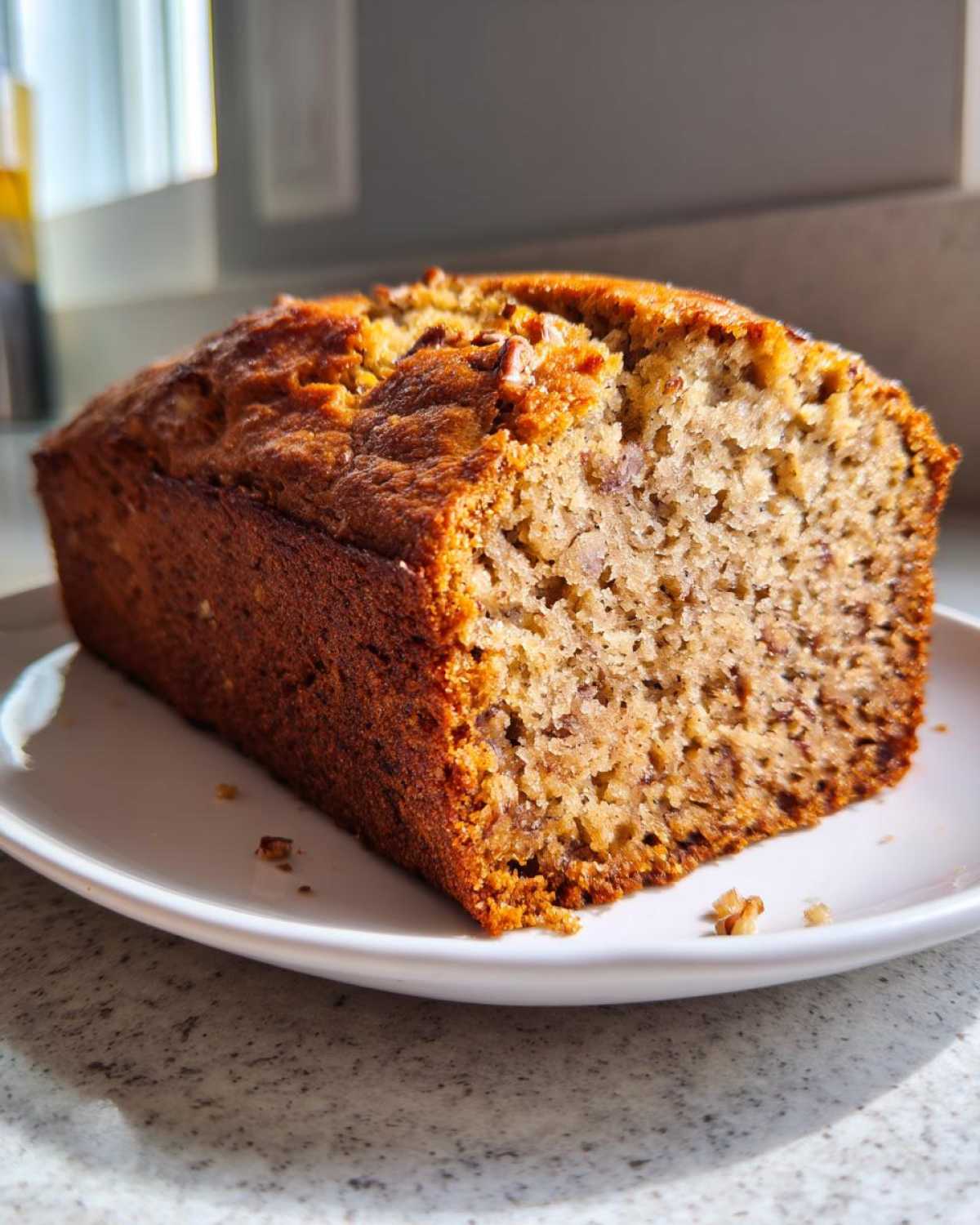 A moist slice of freshly baked sugar free banana bread with a golden brown crust, resting on a white plate.