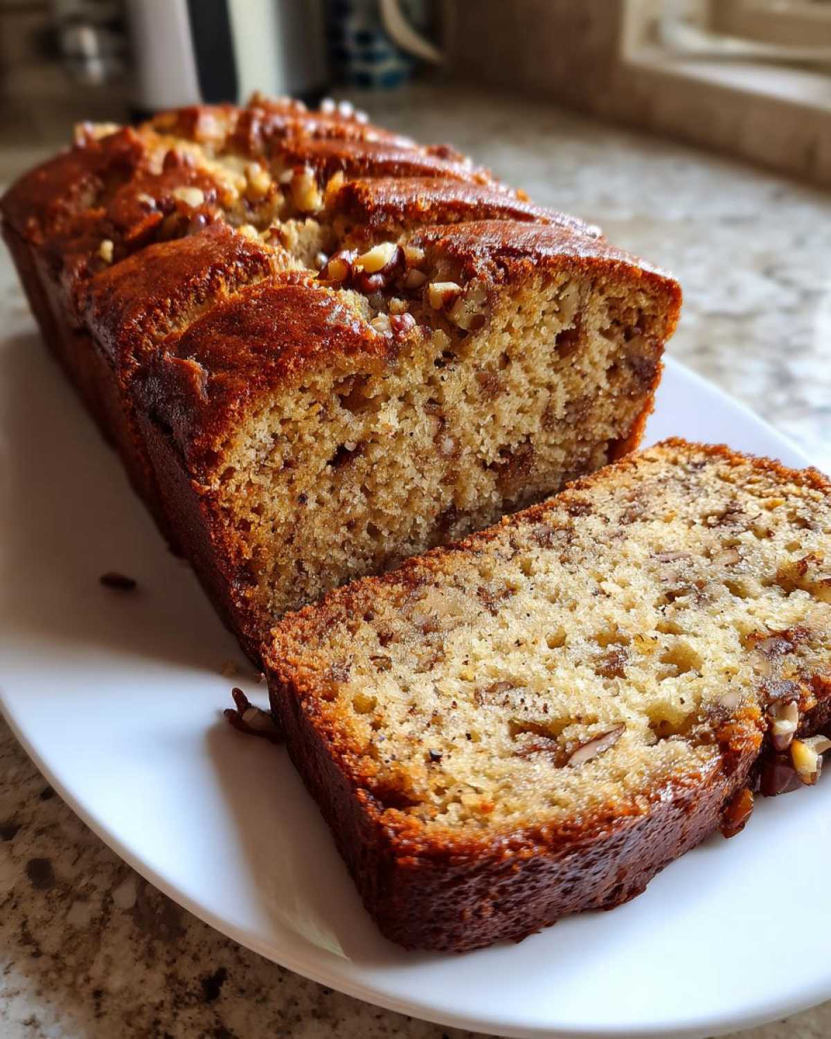 A moist slice cut from a loaf of sugar free banana bread topped with pecans, sitting on a white plate.