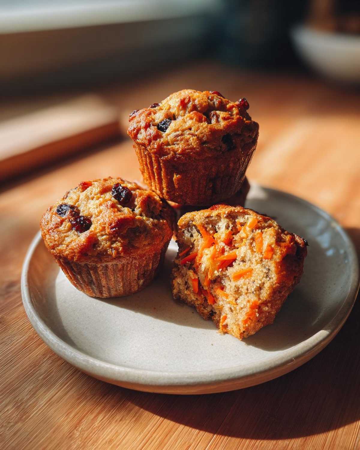 Three golden morning glory muffins stacked on a plate, one broken open showing shredded carrots.