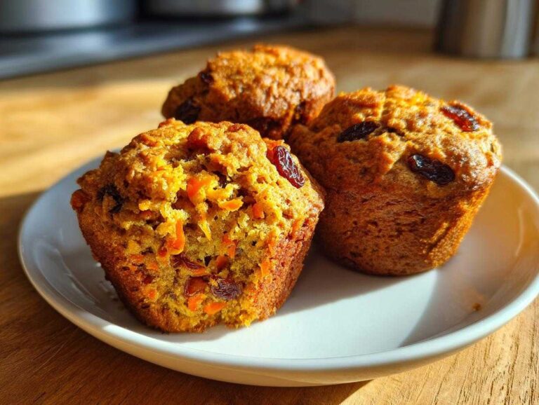 Three freshly baked morning glory muffins, one cut open to show carrots and raisins inside, sitting on a white plate.