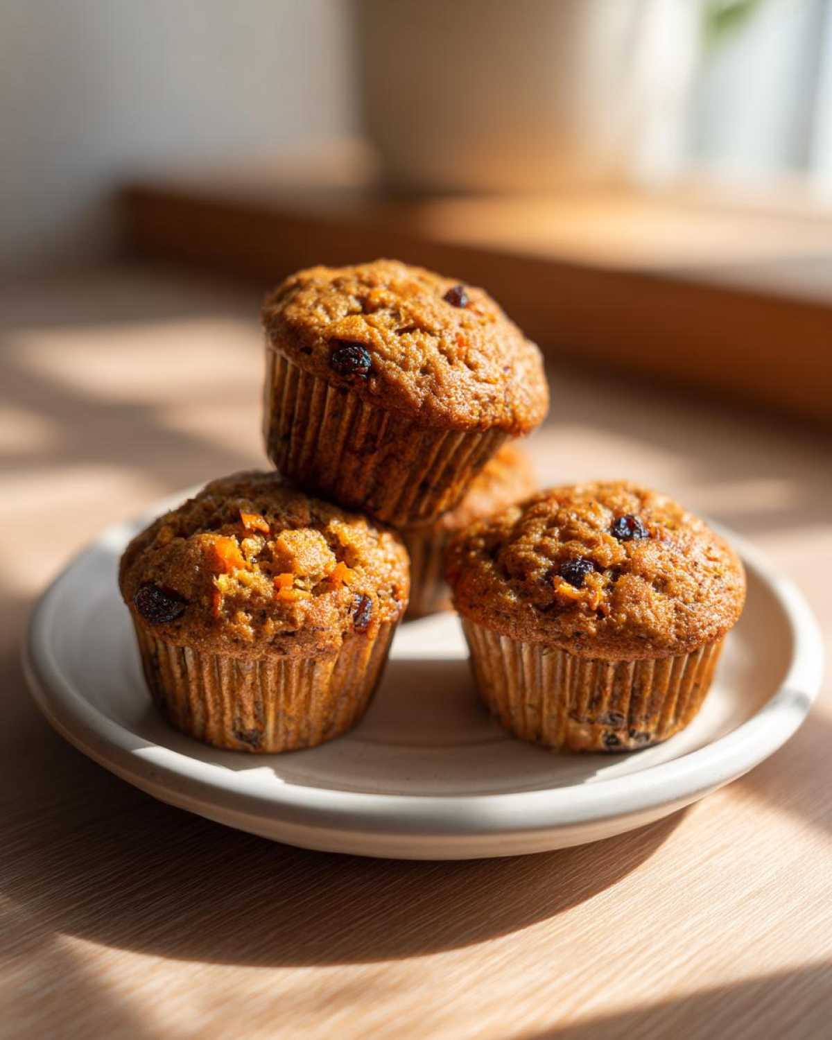 A close-up shot of several freshly baked morning glory muffins stacked on a small white plate.