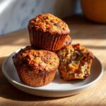 Three golden brown morning glory muffins stacked on a plate, one broken open showing carrots and nuts inside.