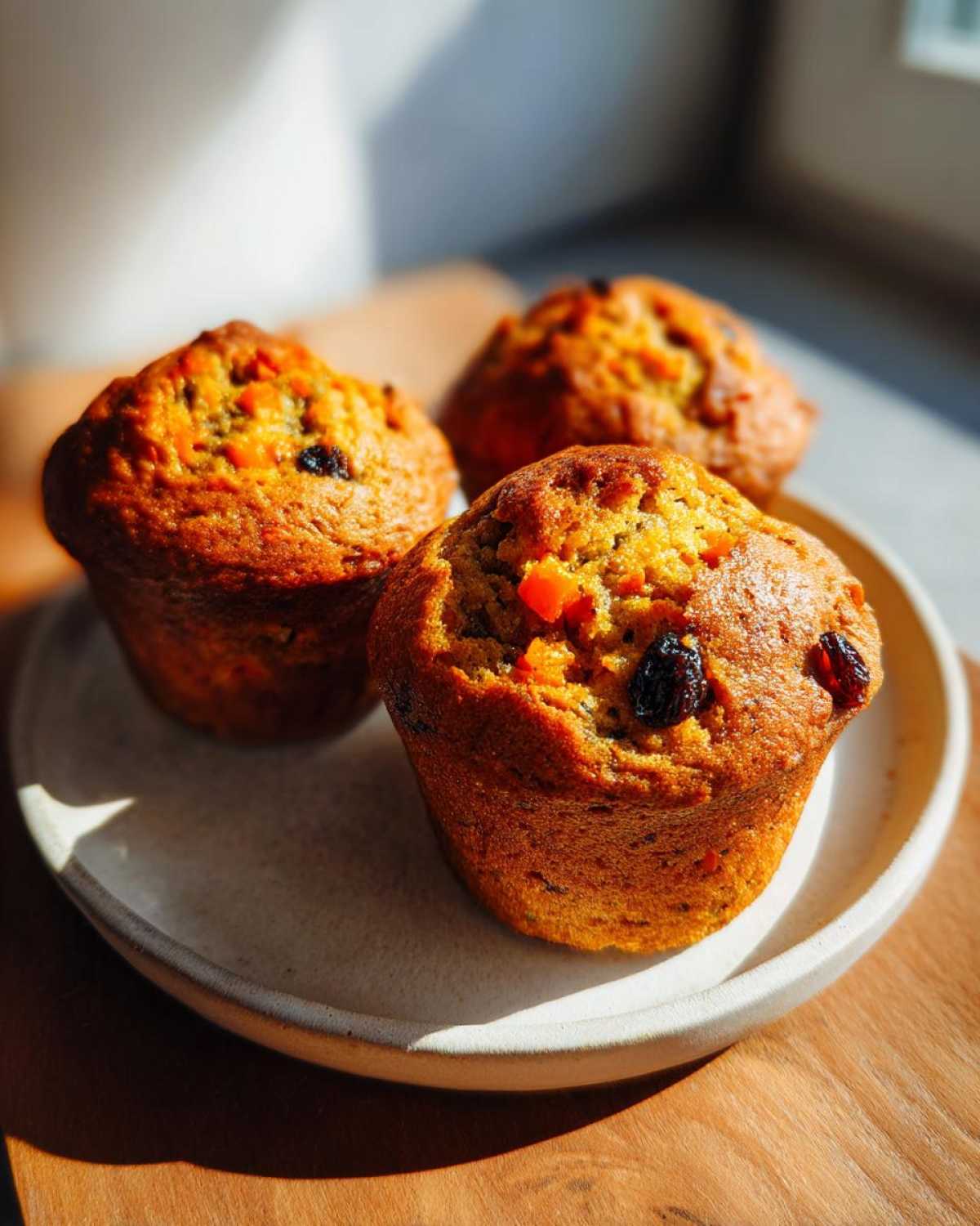 Three golden brown morning glory muffins topped with visible raisins and shredded carrots on a light plate.