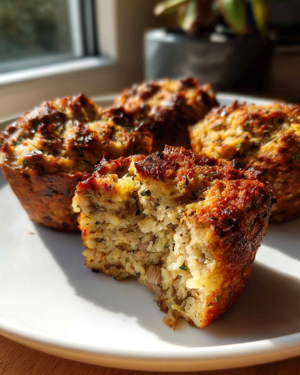 Four golden-brown muffin-tin stuffing portions on a white plate, one is broken open showing the texture.
