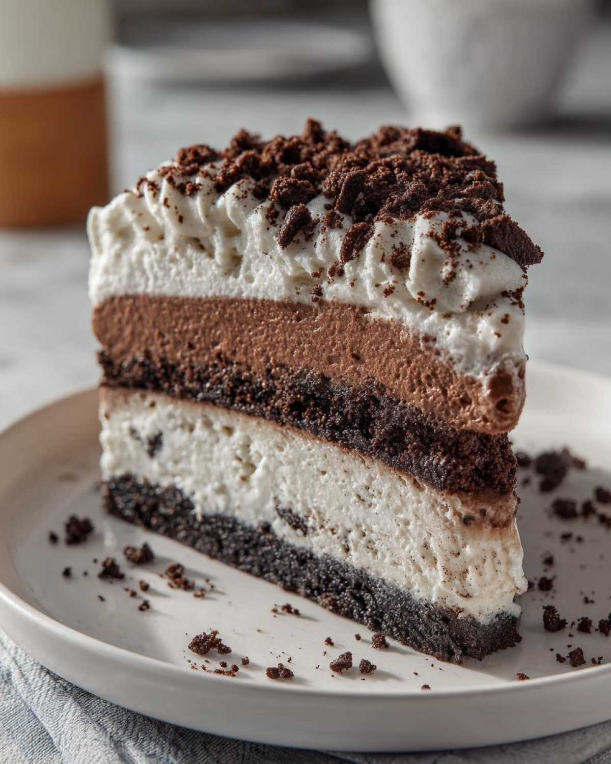 A tall slice of multi-layered no-bake ice cream cake featuring vanilla, chocolate mousse, and a cookie crust.