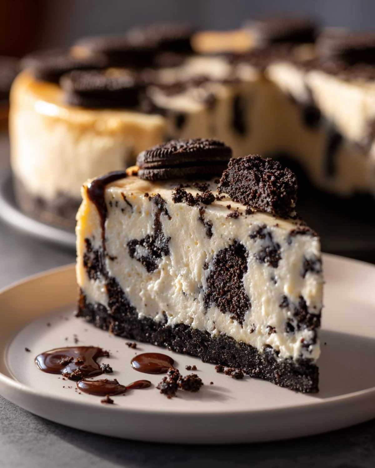A perfect slice of creamy Oreo cheesecake with chunks of chocolate cookie and a drizzle of chocolate sauce.