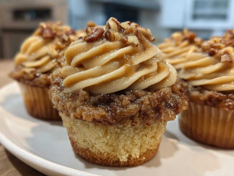 Close-up of delicious pecan pie cupcakes topped with caramel frosting and chopped pecans.