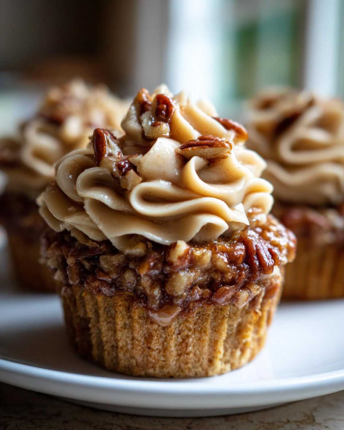 A close-up of one perfectly frosted pecan pie cupcake topped with candied pecans.