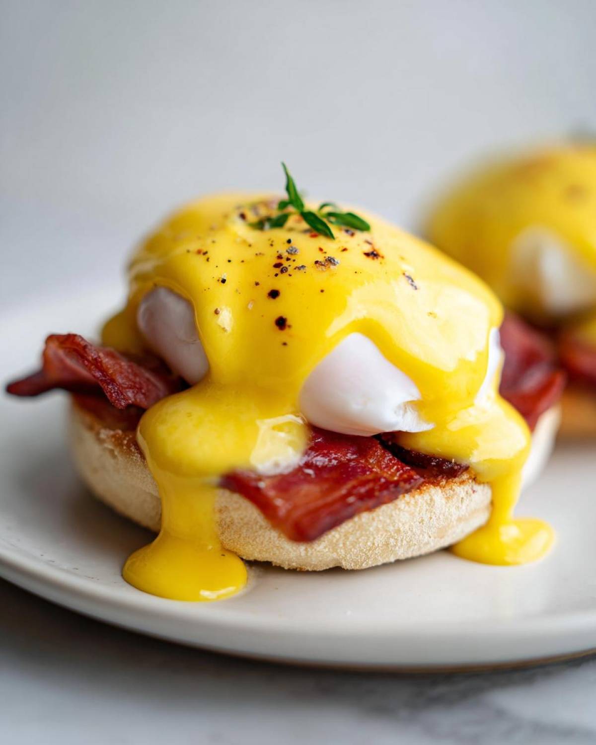 Close-up of delicious eggs benedict featuring a poached egg, bacon, and rich hollandaise sauce on an English muffin.