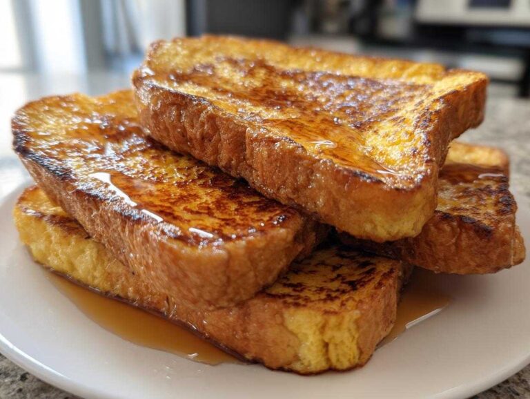 A close-up stack of thick, golden brown french toast slices generously drizzled with syrup.