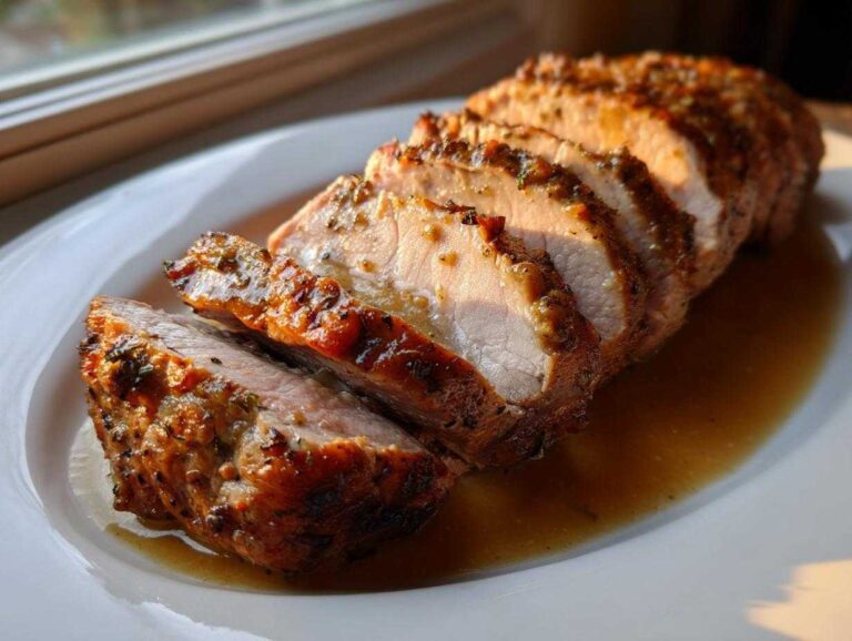 Amazing 145° pork loin roast wonder Slices of perfectly cooked pork loin roast resting in pan juices on a white platter, showing a golden, herb-crusted exterior.