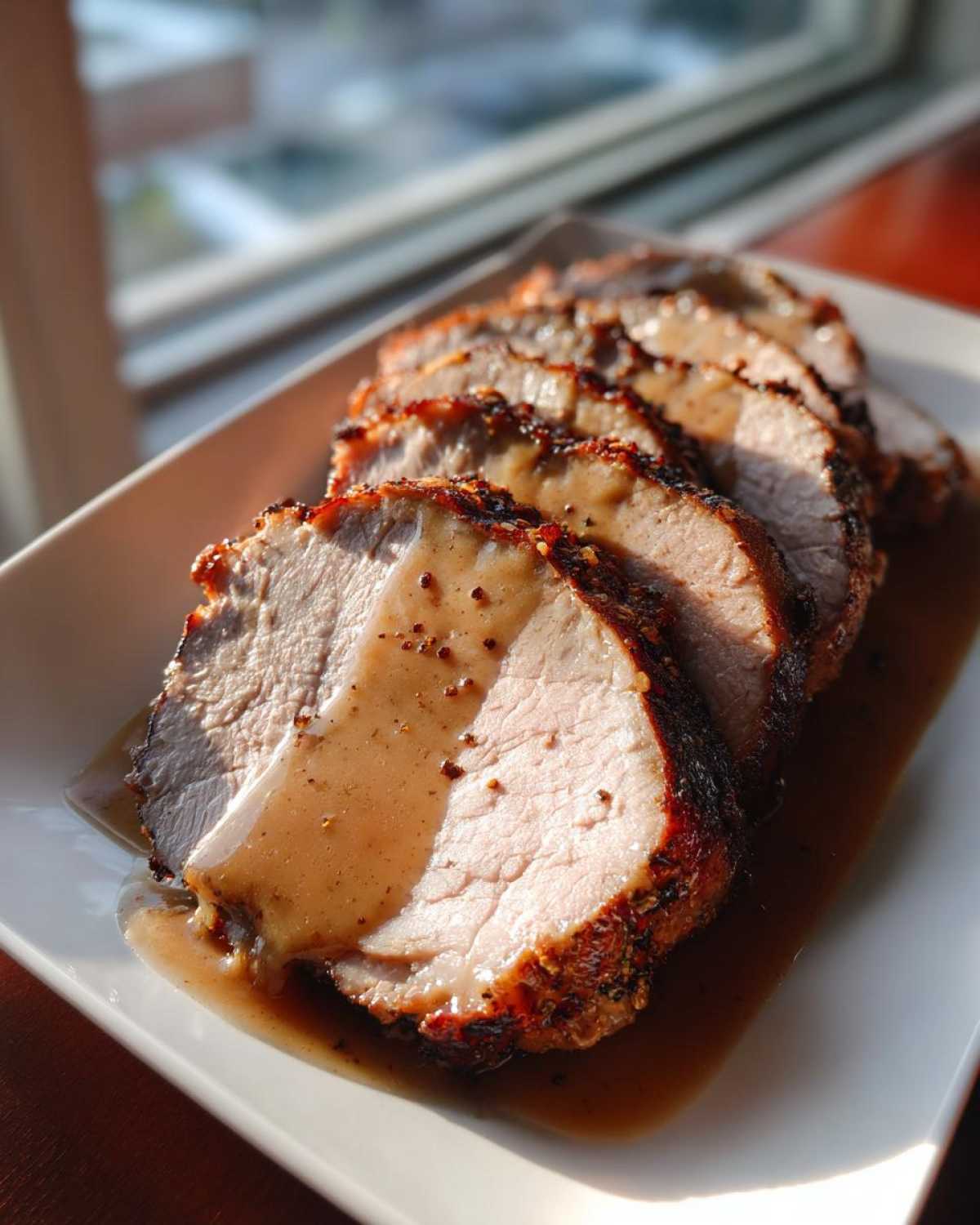 Slices of perfectly cooked pork loin roast, juicy pink center, served on a white platter with savory brown gravy.