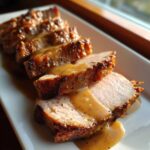 Close-up of juicy, sliced pork loin roast drizzled with savory brown gravy on a white platter.