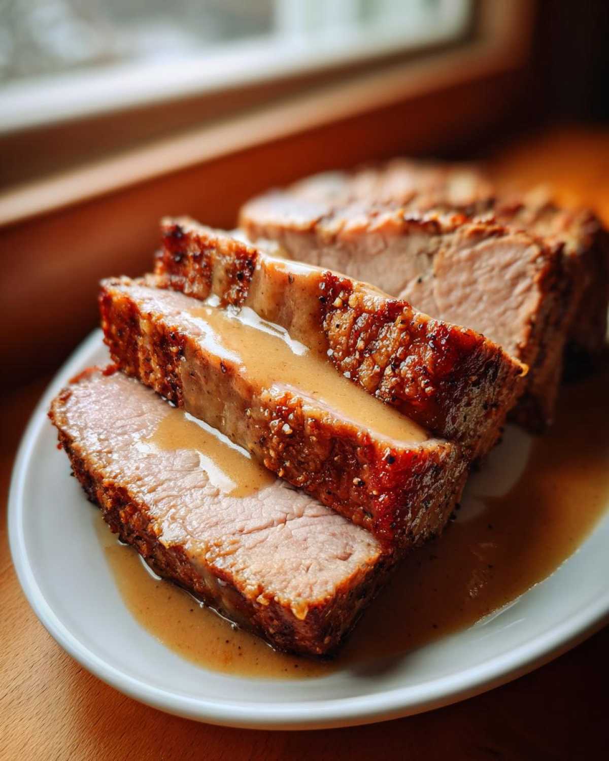 Three thick slices of perfectly cooked pork loin roast, juicy pink center, served with savory brown gravy on a white plate.