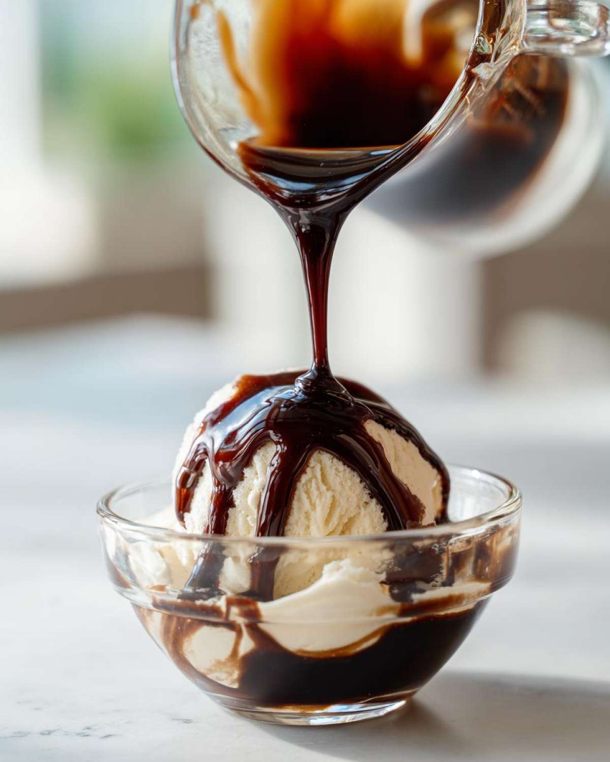 Thick, rich chocolate syrup being poured from a glass pitcher over a scoop of vanilla ice cream.