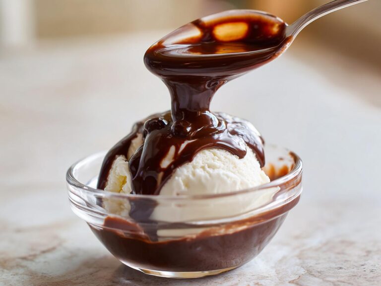 A spoonful of rich, dark chocolate syrup is being poured over scoops of vanilla ice cream in a glass bowl.