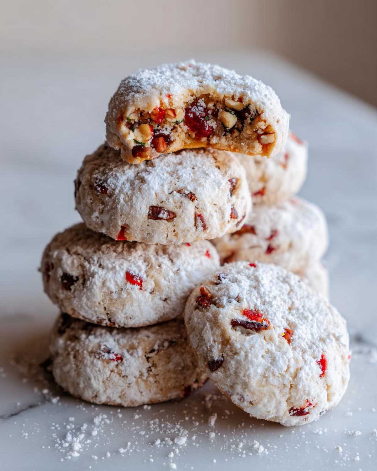A stack of soft, powdered fruitcake cookies, with the top cookie broken open to show dried fruit and nuts inside.