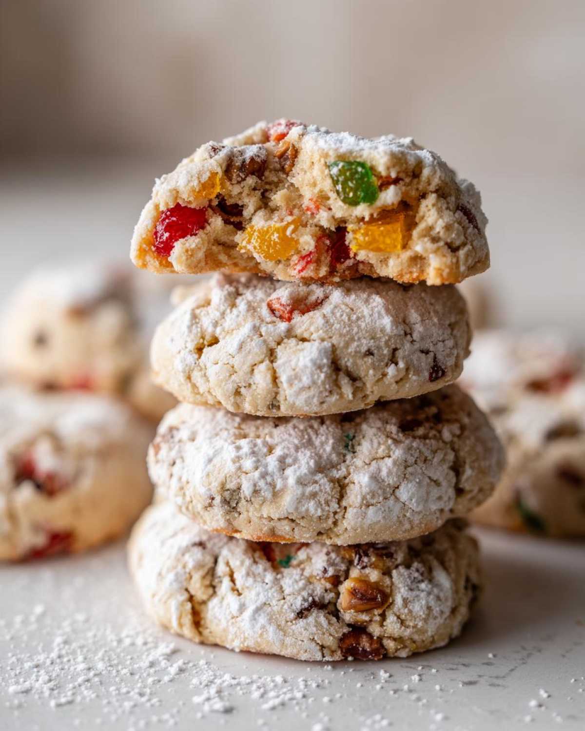 A stack of four soft fruitcake cookies dusted with powdered sugar, showing colorful candied fruit inside the top broken cookie.