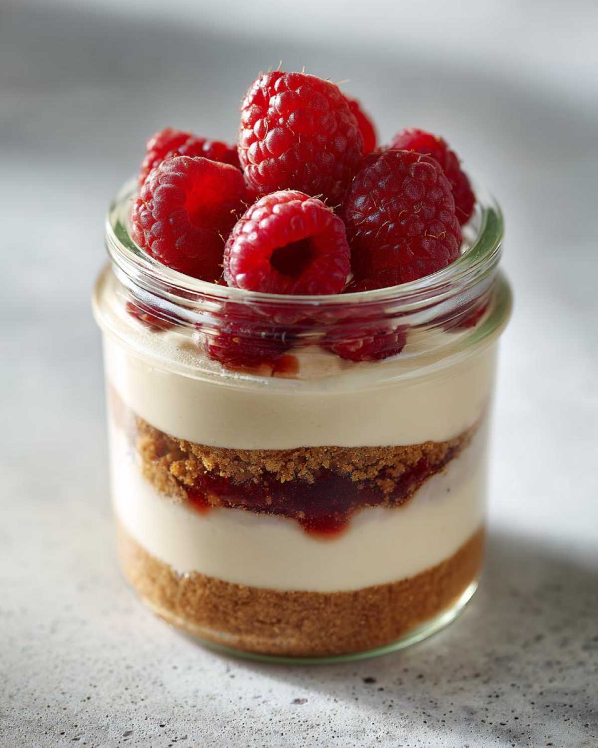 Close-up of a layered Protein Cheesecake in a small glass jar topped with fresh raspberries.