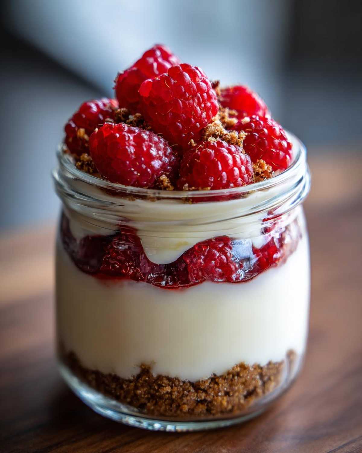 Close-up of a layered Protein Cheesecake in a small glass jar topped with fresh raspberries.