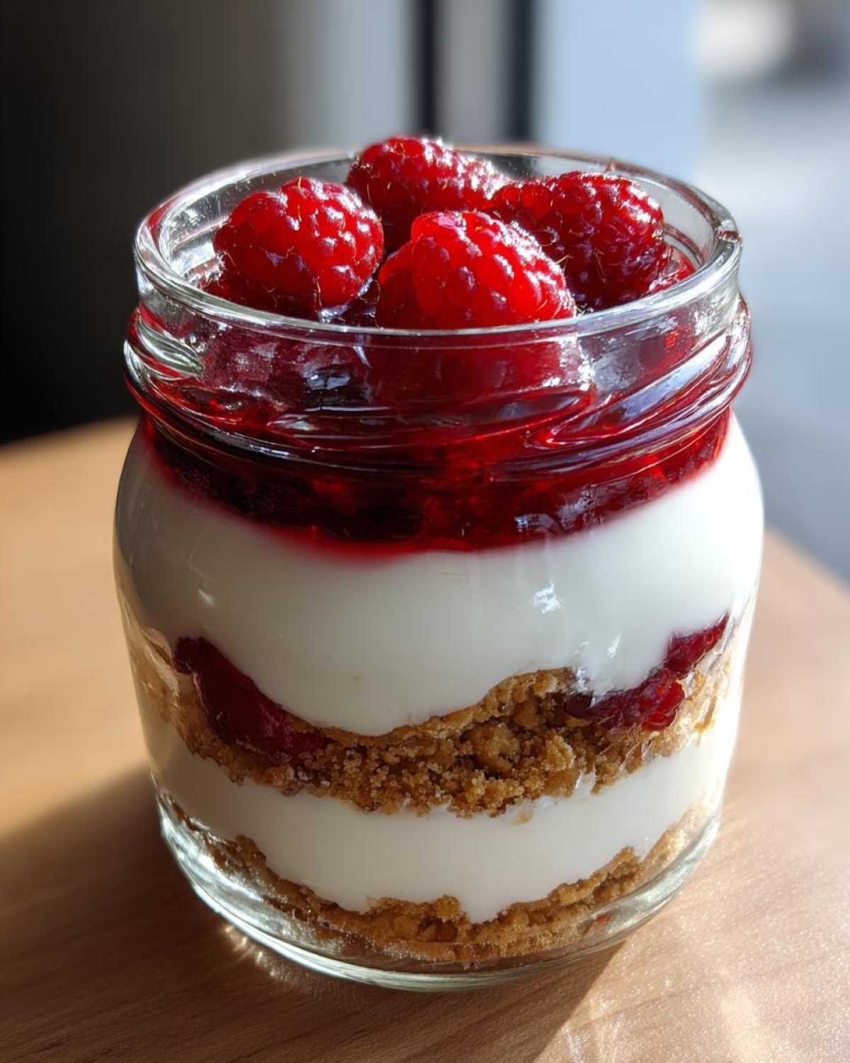 Close-up of a layered Protein Cheesecake in a jar with white cream, graham cracker crust, and fresh raspberries on top.