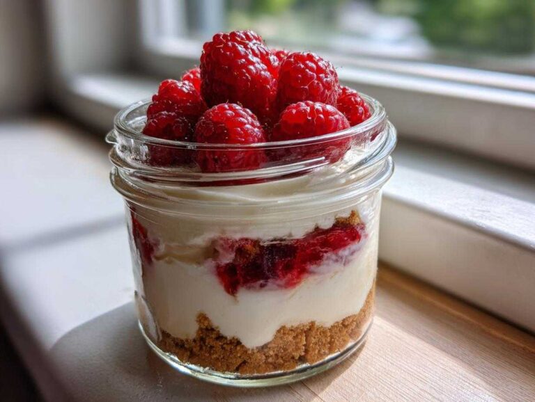 A layered Protein Cheesecake dessert in a small glass jar topped with fresh raspberries.