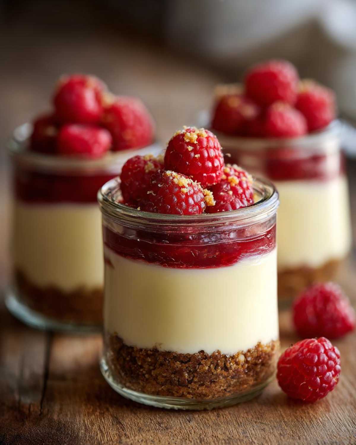 Close-up of a raspberry Protein Cheesecake jar with layers of crust, cream, and fruit topping.