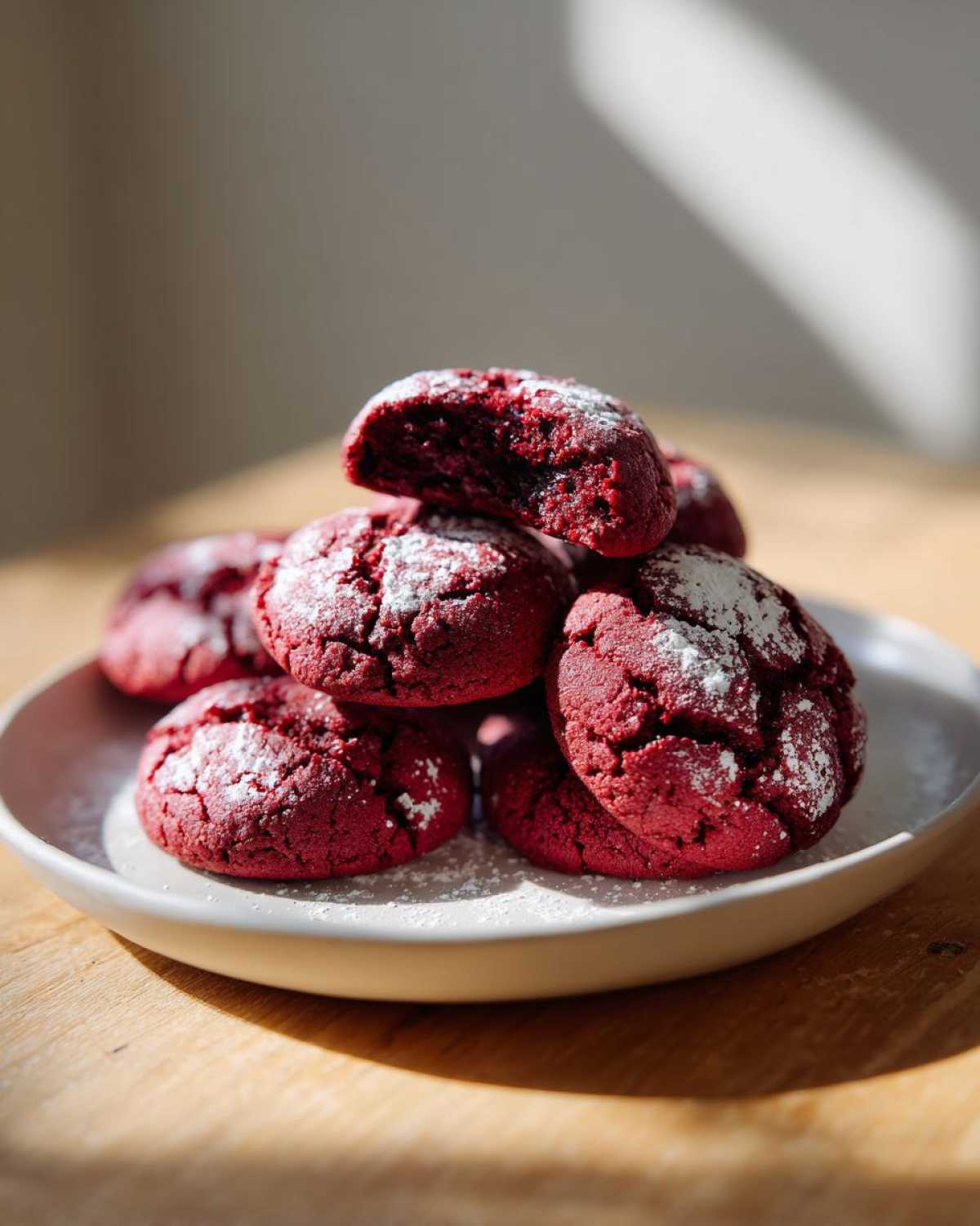 A stack of vibrant red velvet cake mix cookies dusted with powdered sugar on a light plate.