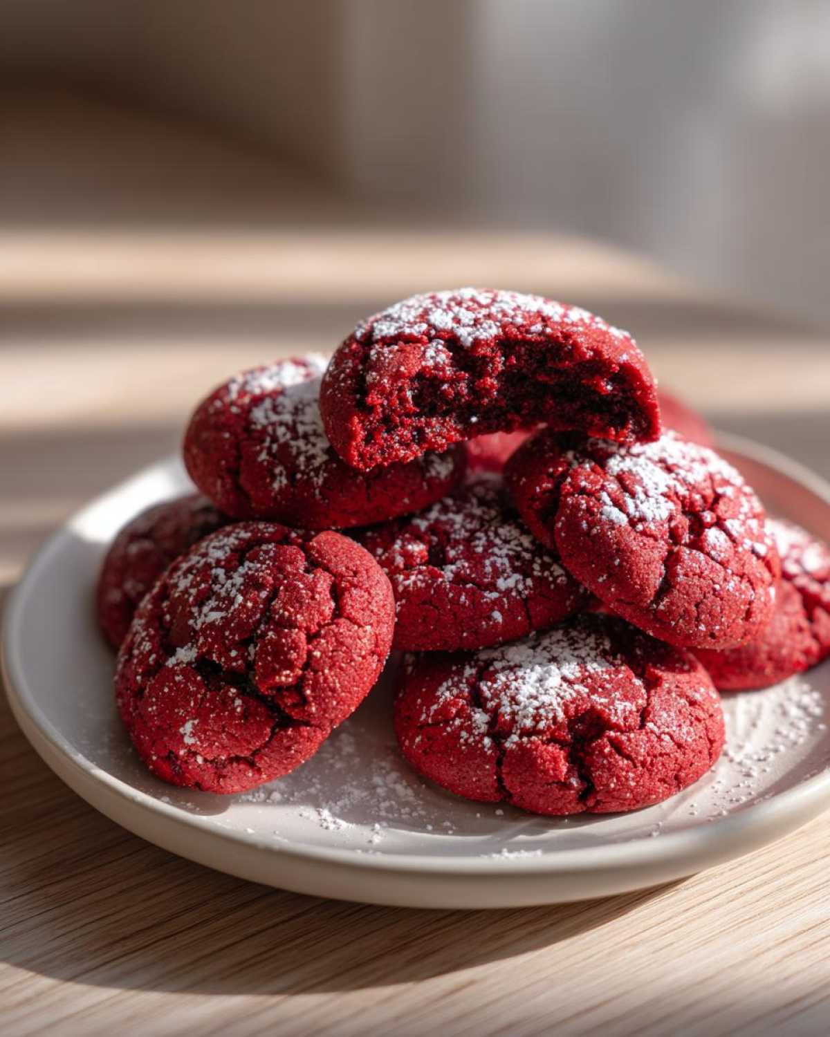 A stack of vibrant red velvet cake mix cookies dusted with powdered sugar, one cookie is broken open.