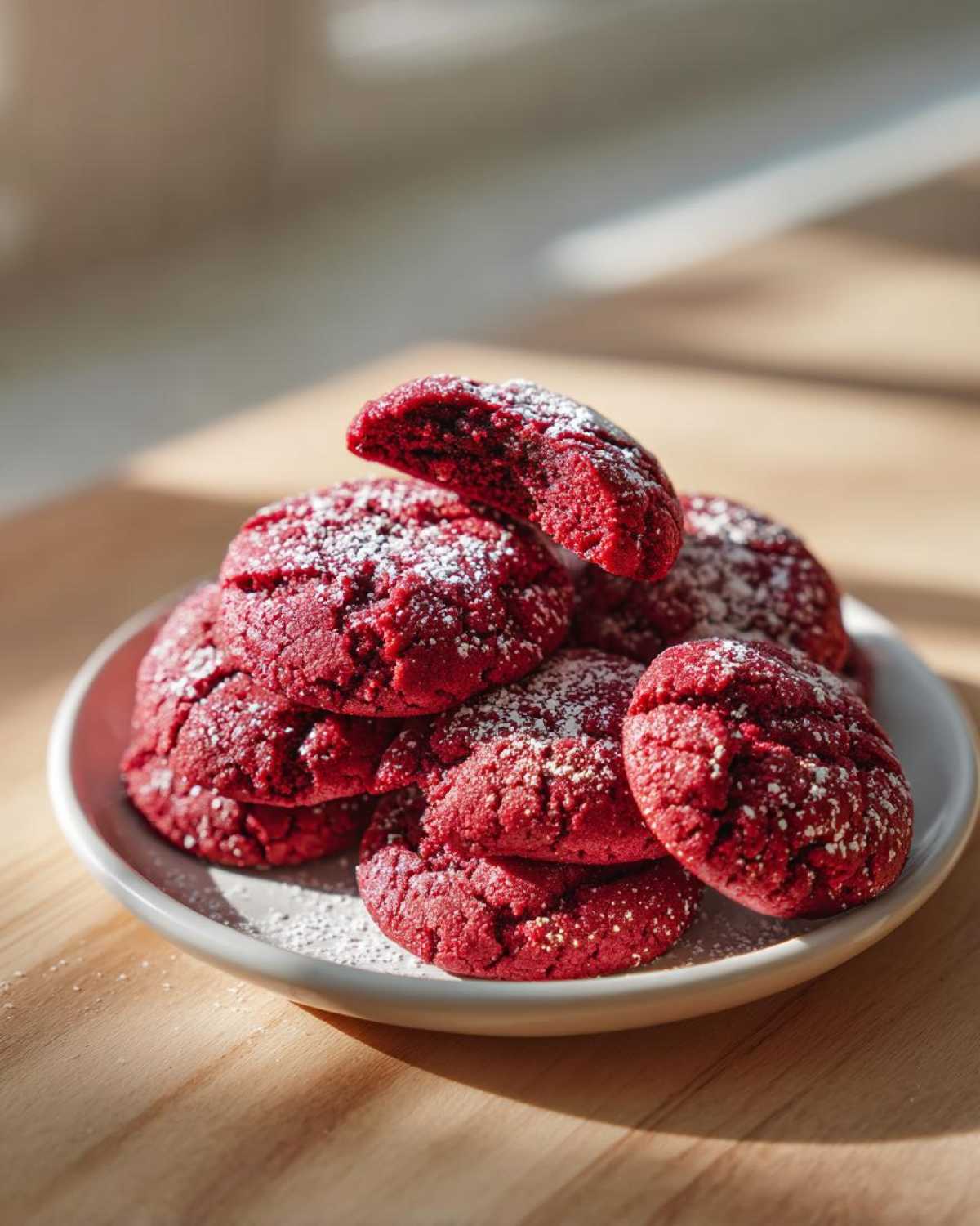 A stack of vibrant red velvet cake mix cookies dusted with powdered sugar, one cookie broken open.