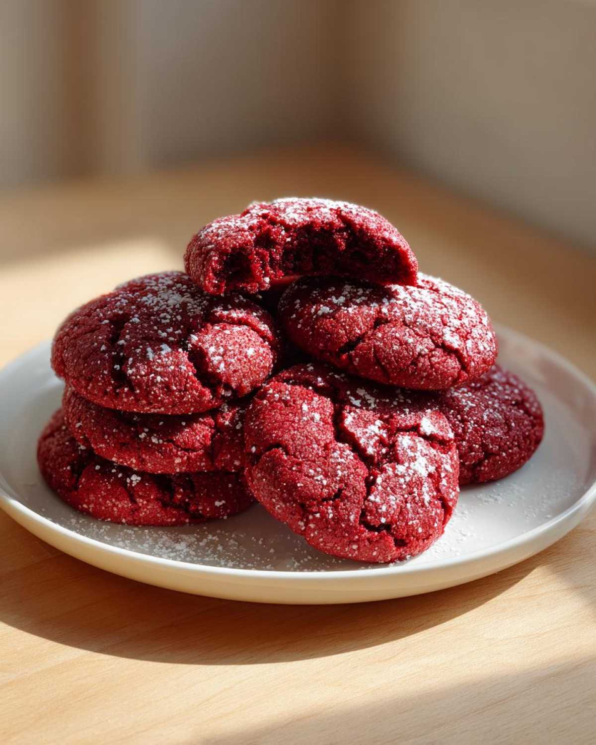 A stack of vibrant red velvet cake mix cookies dusted with powdered sugar on a white plate.